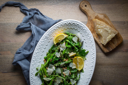 Blanched Asparagus with Arugula, Pine Nuts, and Parm