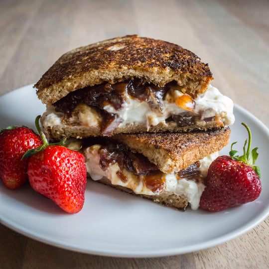 burrata and strawberry bacon jam grilled cheese