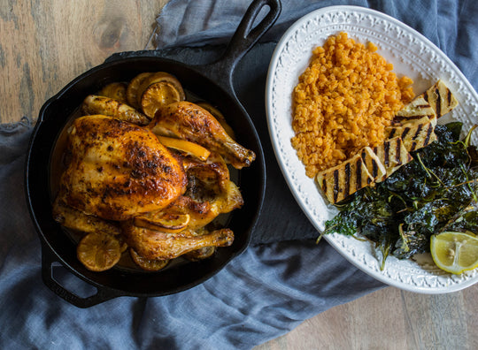 roast chicken with grilled halloumi, lentils, and spinach